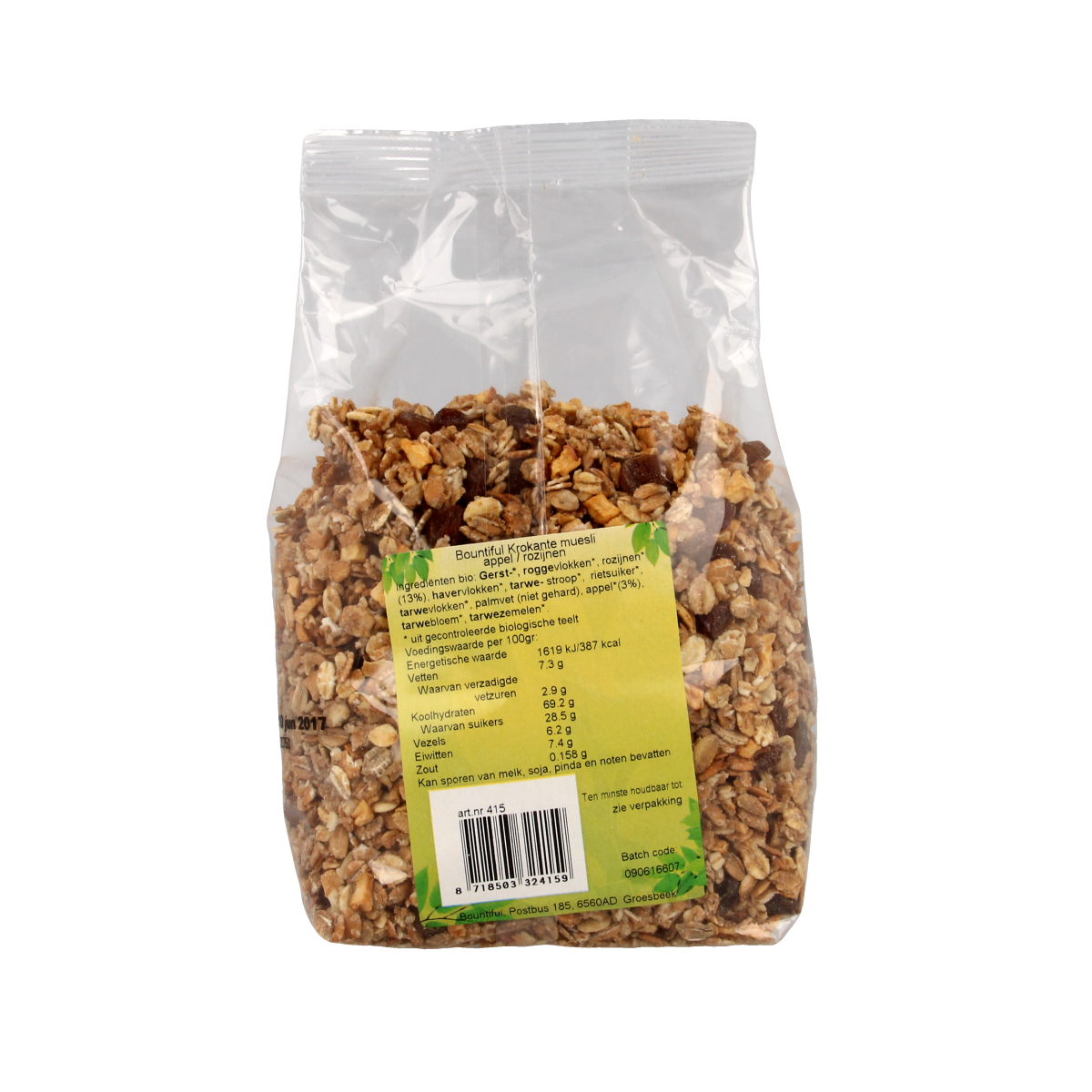 Bountiful Bountiful Granola appel rozijn muesli bio, 500g, in a bowl with fresh apples and raisins.