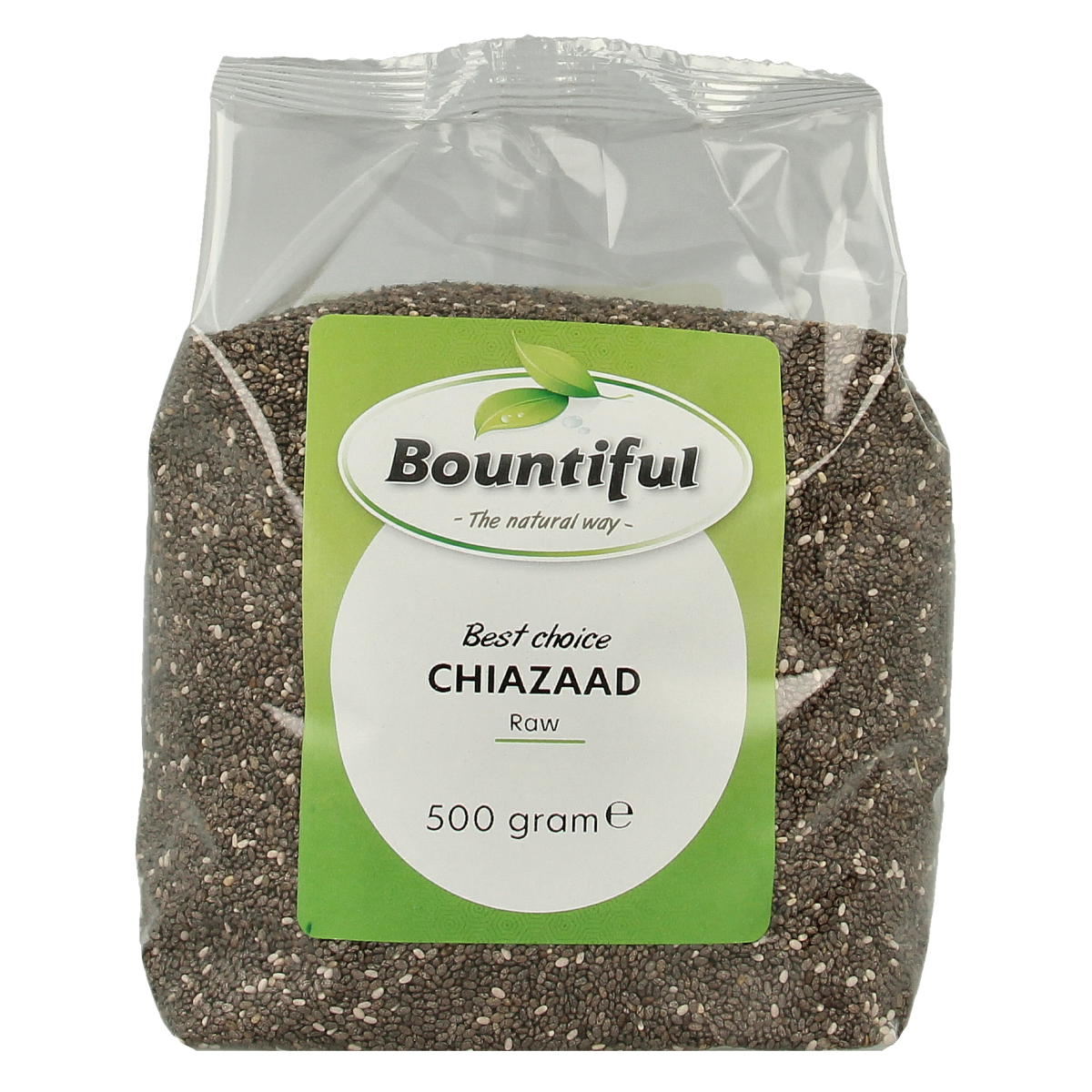 Bountiful Bountiful Chia Seeds 500g, raw superfood in a clear plastic bag with chia seeds visible inside.