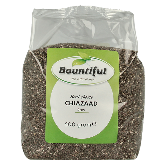 Bountiful Bountiful Chia Seeds 500g, raw superfood in a clear plastic bag with chia seeds visible inside.