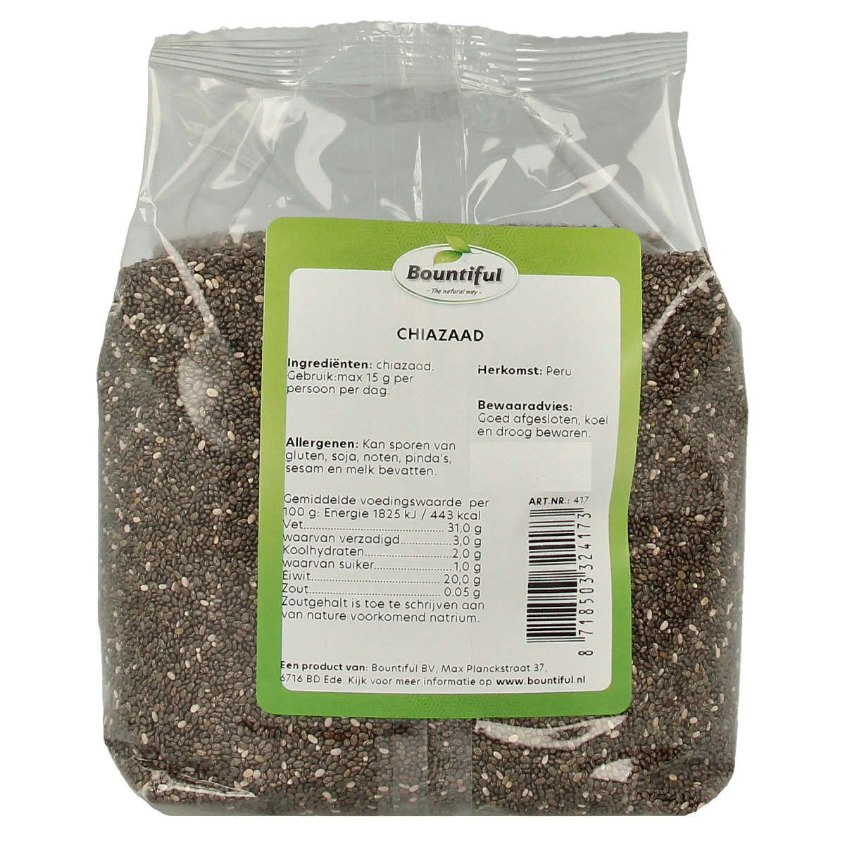Bountiful raw chia seeds in a 500g package, featuring small, glossy black and white chia seeds on a clean background.