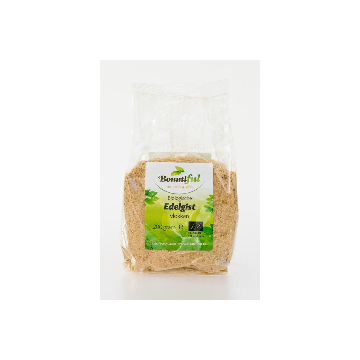 Bountiful organic brewer's yeast flakes in a 200g package, shown in a clear image on a white background.