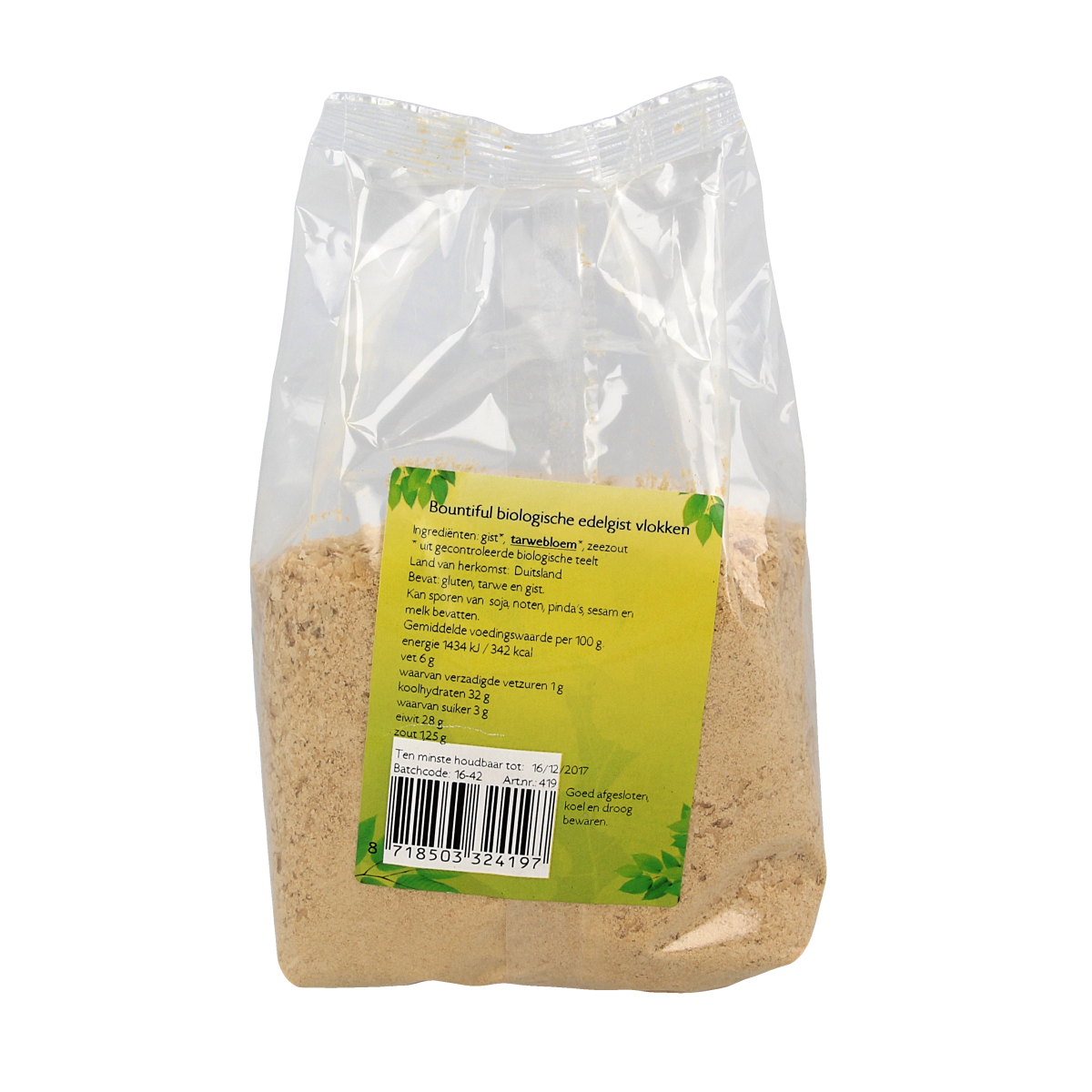 Bountiful organic brewer's yeast flakes in a 200g package, shown in a close-up of the product packaging.