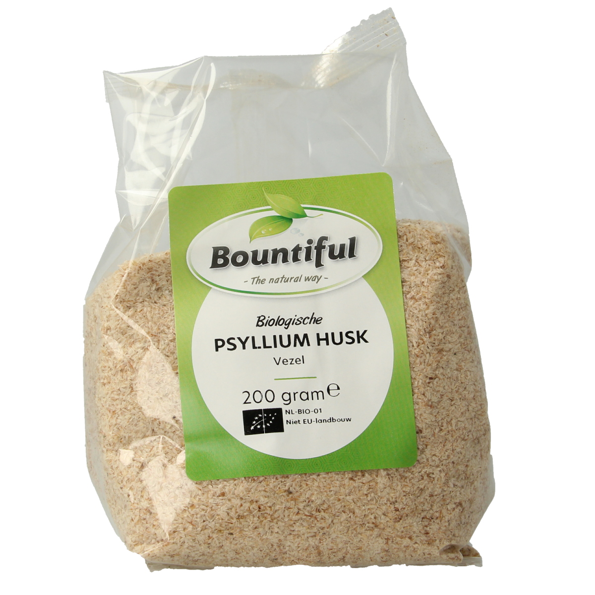 Bountiful organic psyllium husk fiber in a 200g package, raw superfood, showing light brown husks and natural texture.
