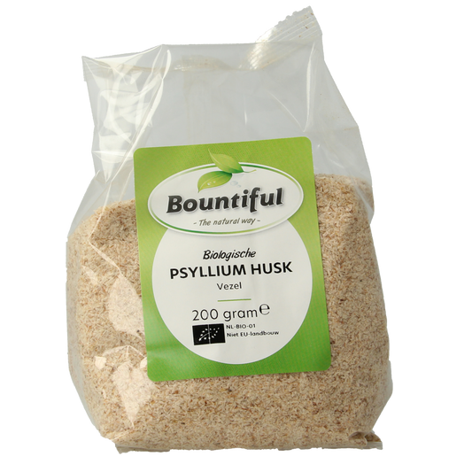Bountiful organic psyllium husk fiber in a 200g package, raw superfood, showing light brown husks and natural texture.