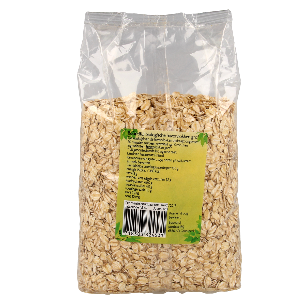 Bountiful grof biologische havervlokken ontbijtgranen in 750g package, showing textured oat flakes in a clear bowl.