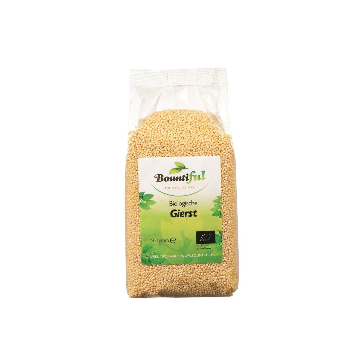 Bountiful bio Gierst ontbijtgranen in 500g package, showing a bowl of golden millet grains on the front of the box.