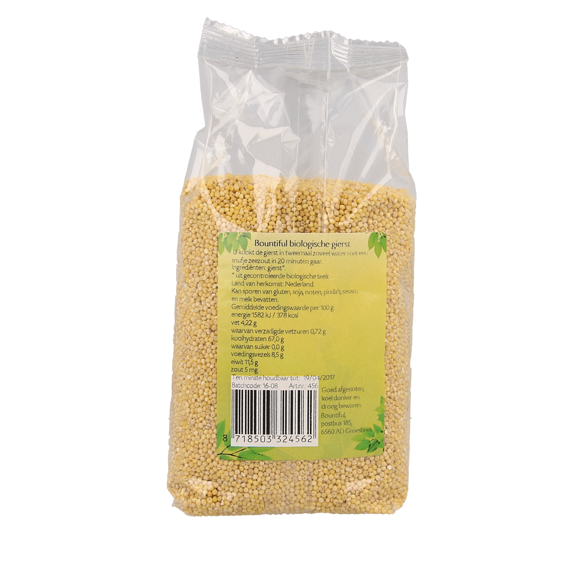 Bountiful bio Gierst breakfast cereal in a 500g package, natural whole grain ontbijtgranen with a textured appearance.