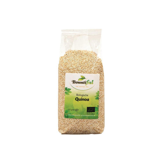 Organic Bountiful Quinoa rice pasta in a 500g package, showing the product in a clear, natural setting.