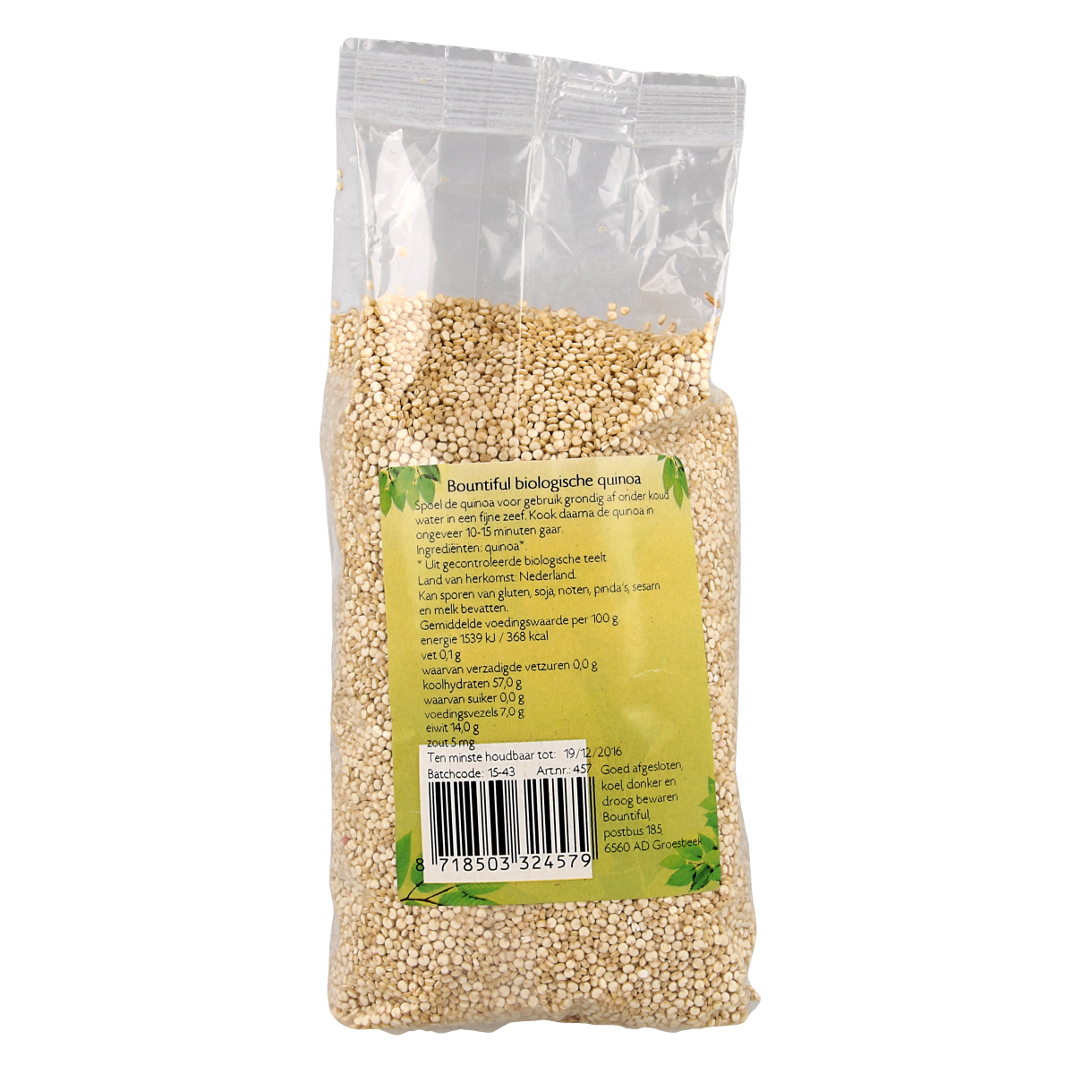 Bountiful bio quinoa pasta in a 500g package, showcasing the product's packaged pasta with quinoa grains visible.