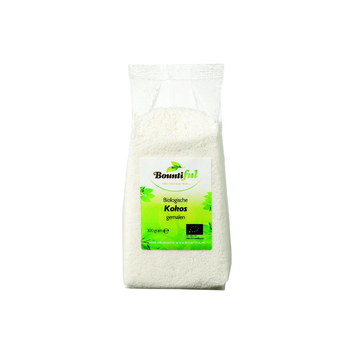 Bountiful Kokos gemalen bio, 300g, organic shredded coconut in a clear package, suitable for cooking and baking.