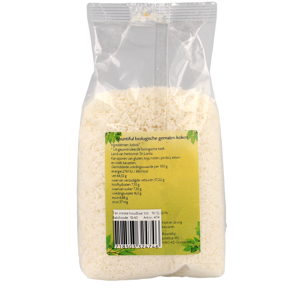 Bountiful Kokos gemalen bio 300g, organic shredded coconut in a clear package, natural coconut texture visible.