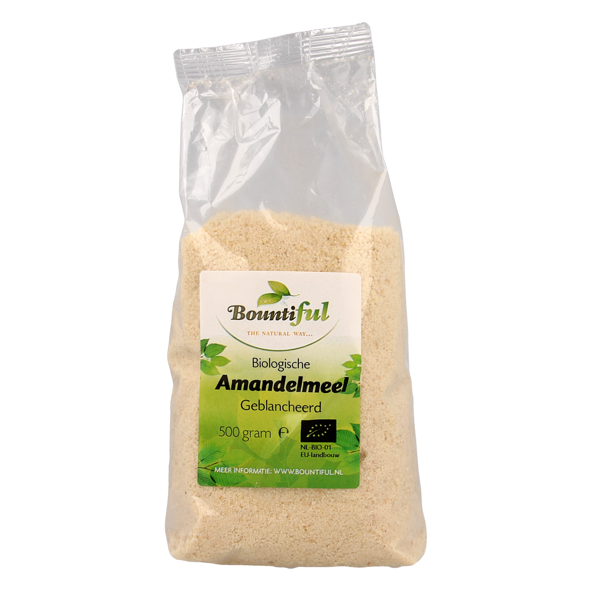 Bountiful organic almond flour in a 500g package, shown in a resealable bag, ideal for baking and cooking.