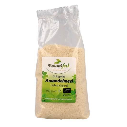 Bountiful organic almond flour in a 500g bag, gluten-free baking mix, fine light-colored almond meal for cooking and baking.