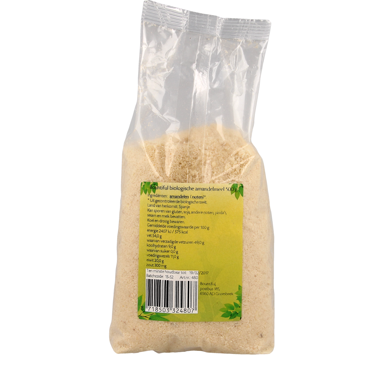 Bountiful organic almond flour in a 500g package, shown in a close-up image of the packaging with the product label.