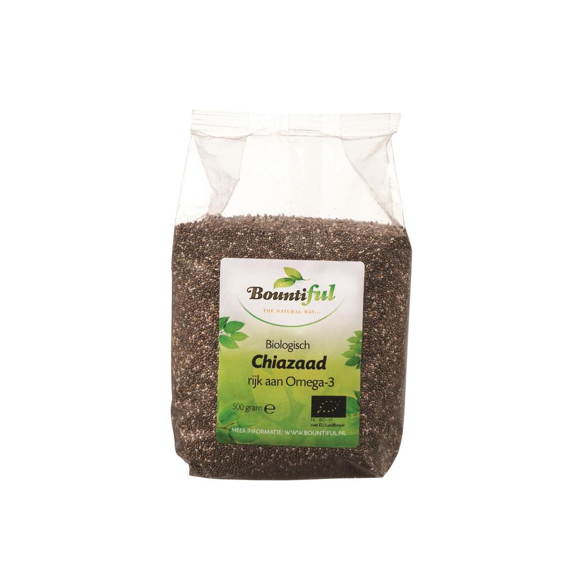 Organic Bountiful chia seeds in a 500g package, raw superfood with small black seeds on a white background.
