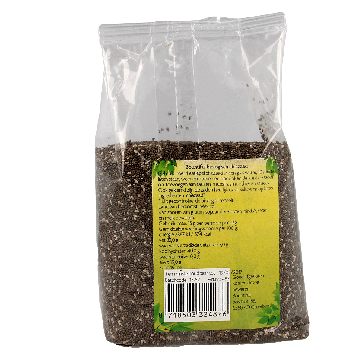 Bountiful organic chia seeds in 500g pack, raw superfood with small black seeds in clear bag, natural and health-conscious product