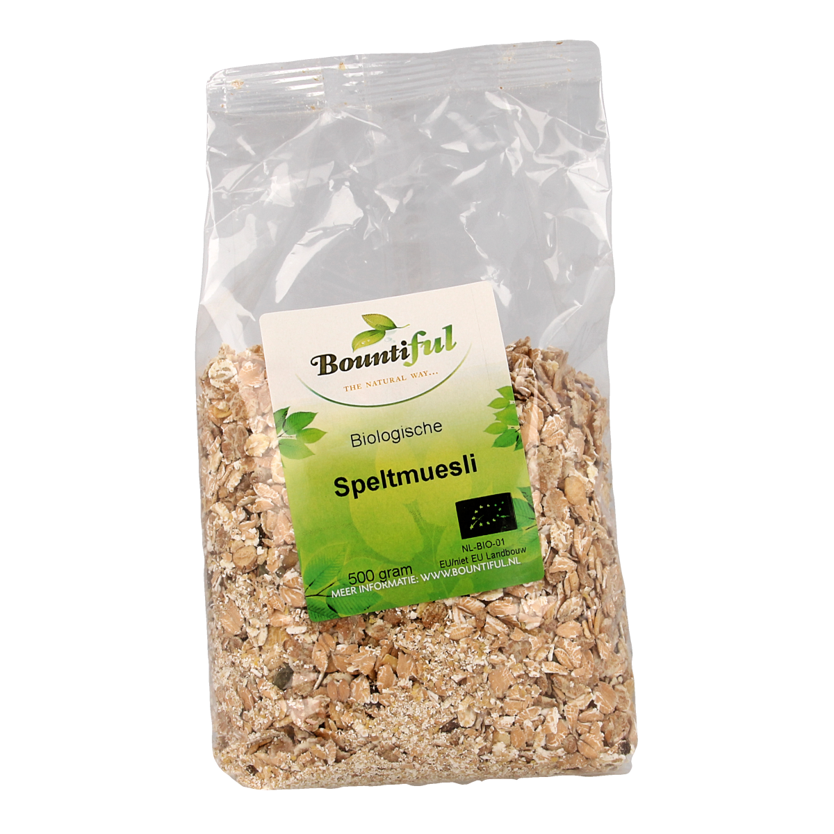 Bountiful organic spelt muesli in a 500g package, featuring whole grains and a natural breakfast cereal from Bountiful.