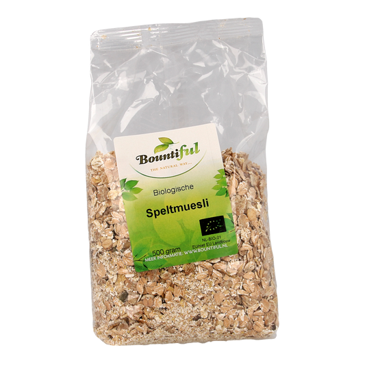 Bountiful Bountiful Spelt Muesli Bio 500g, natural breakfast cereal with mixed grains and dried fruits in a resealable bag.