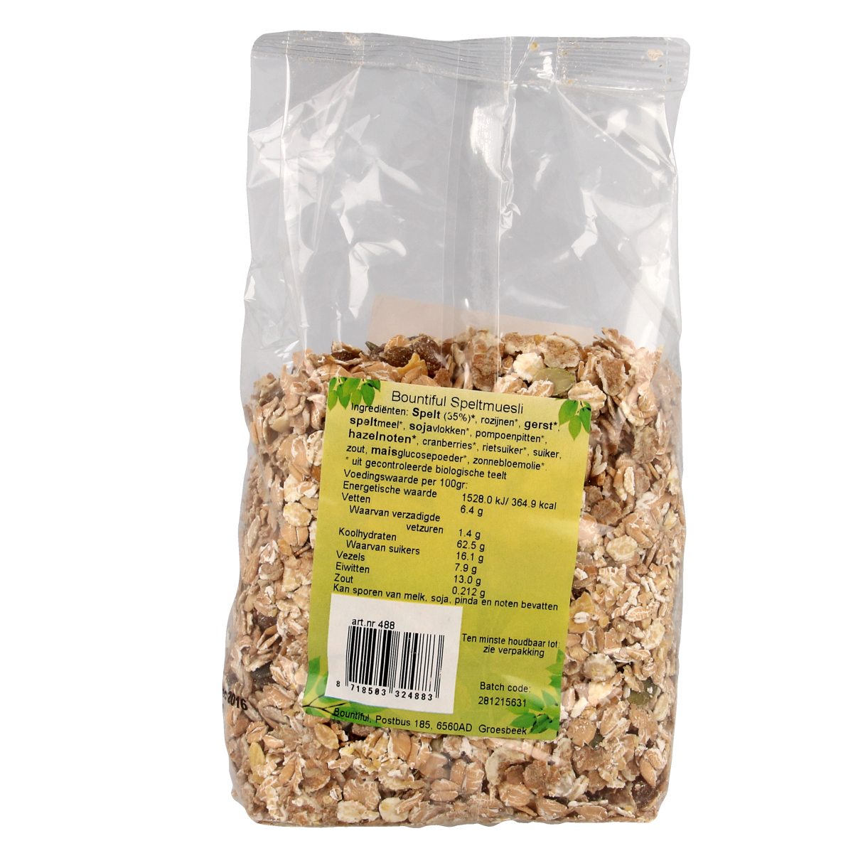 Bountiful Bountiful Spelt Muesli bio 500g, natural whole grain breakfast cereal in a clear bowl with oats and spelt flakes.