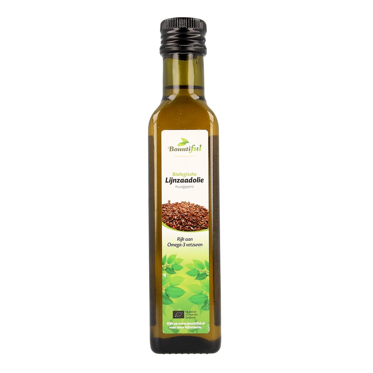 Bountiful organic flaxseed oil in a 250ml bottle, rich in healthy omega fatty acids, shown in a clear image with the label visible.