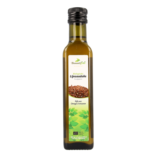 Bountiful organic flaxseed oil in a 250ml bottle, rich in healthy omega fatty acids, shown in a clear image with the label visible.