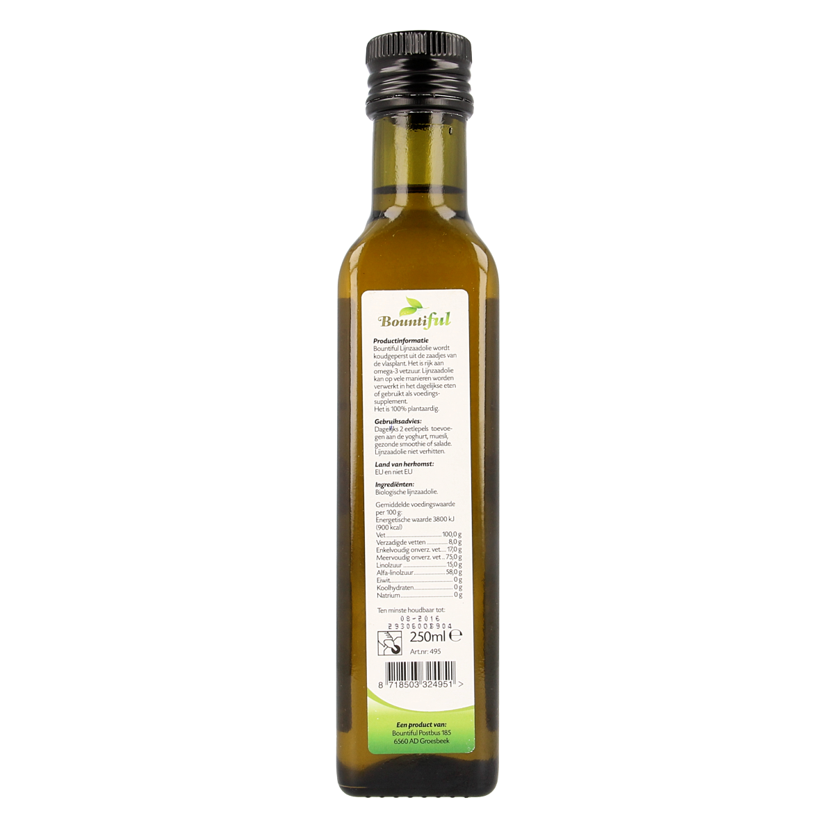 Bountiful organic flaxseed oil in a 250ml bottle, rich in healthy fats, with a clear label and golden color.