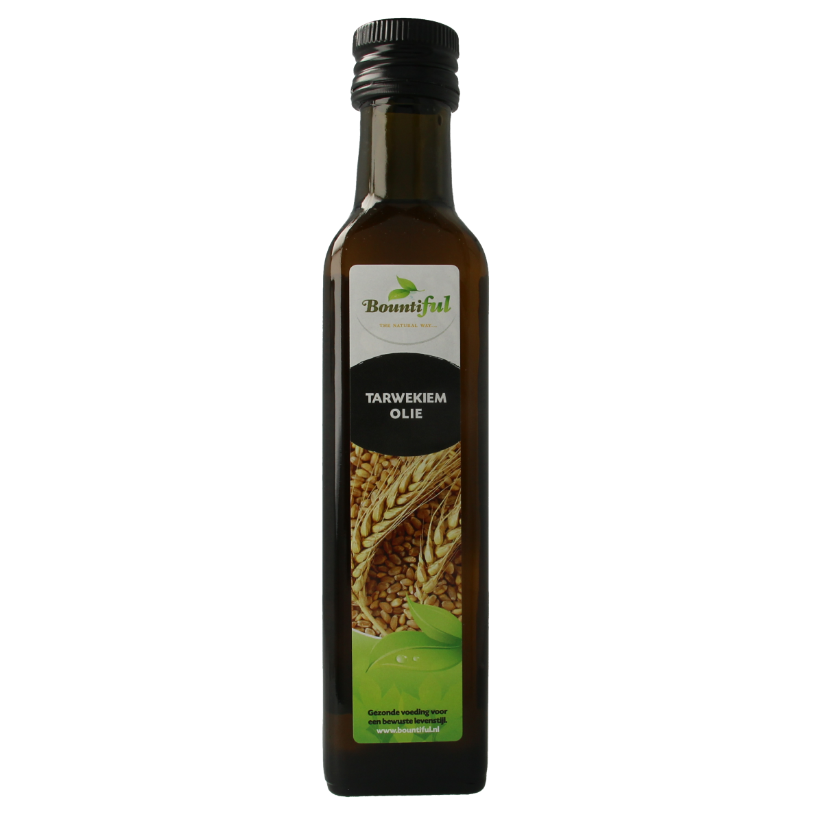 Bountiful tarwekiemolie 250ml bottle, natural wheat germ oil in a clear glass container, label visible.