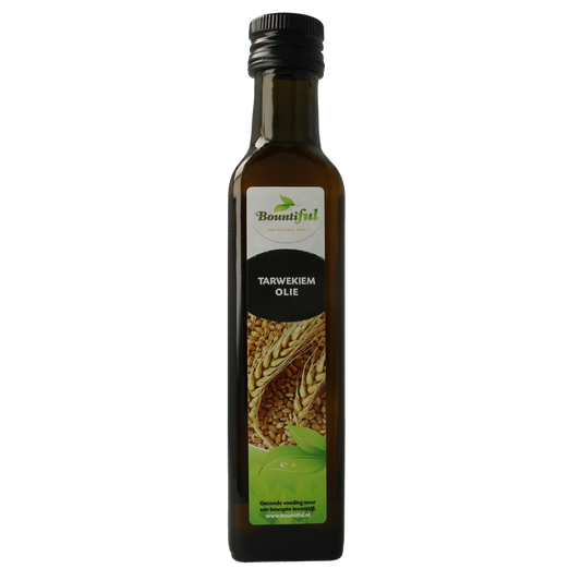 Bountiful tarwekiemolie 250ml bottle, natural wheat germ oil in a clear glass container, label visible.