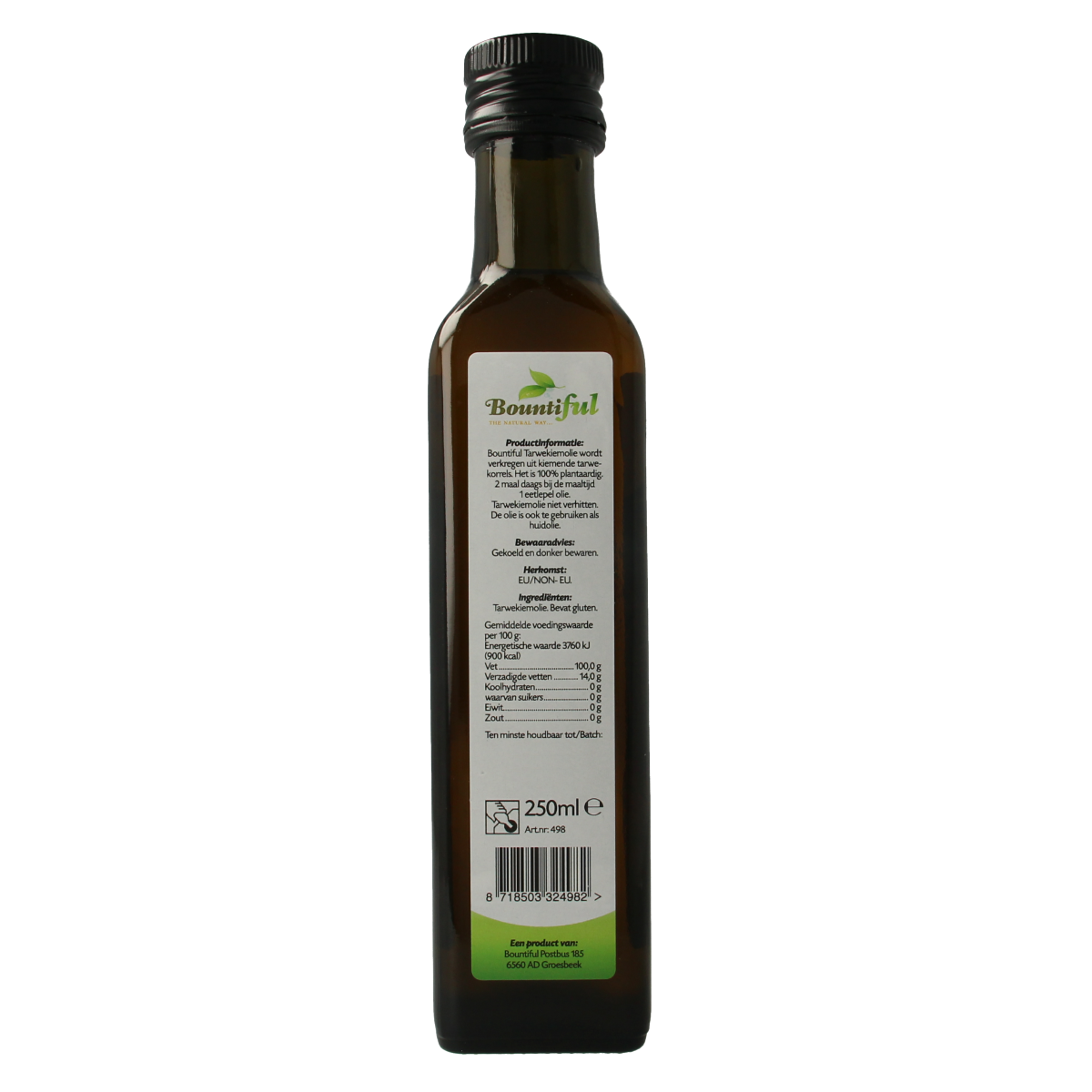 Bountiful Tarwekiemolie 250ml bottle showing the dark glass container and label in a natural setting