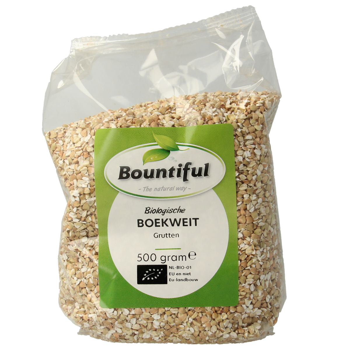 Bountiful bio boekweitgrutten 500g, gluten-free buckwheat groats in a clear package, ideal for baking and cooking.