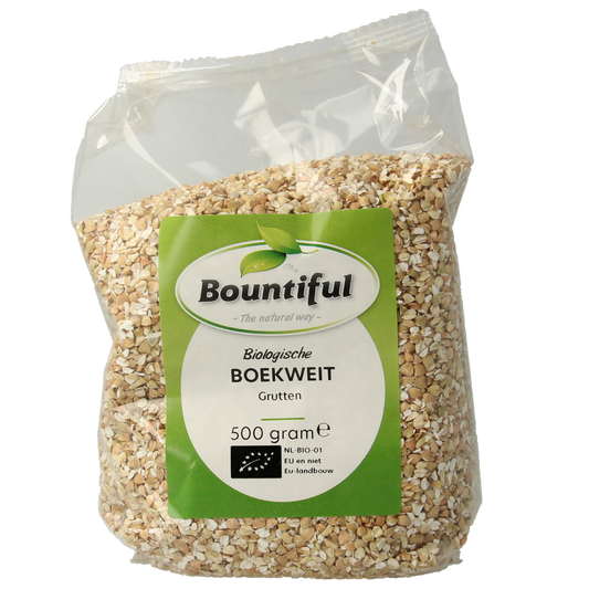 Bountiful bio boekweitgrutten 500g, gluten-free buckwheat groats in a clear package, ideal for baking and cooking.