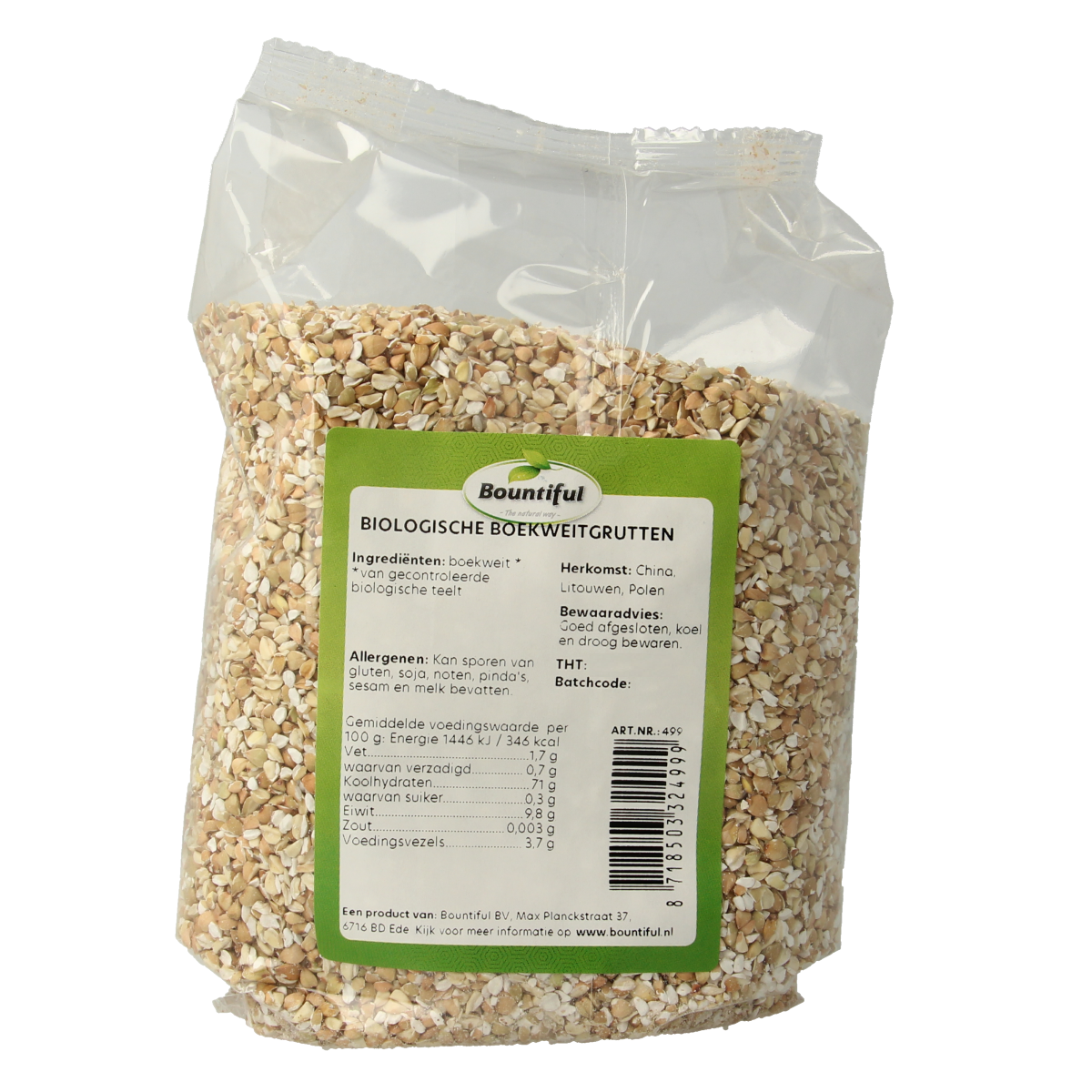 Bountiful organic buckwheat groats in a 500g package, gluten-free baking mix and flour alternative.