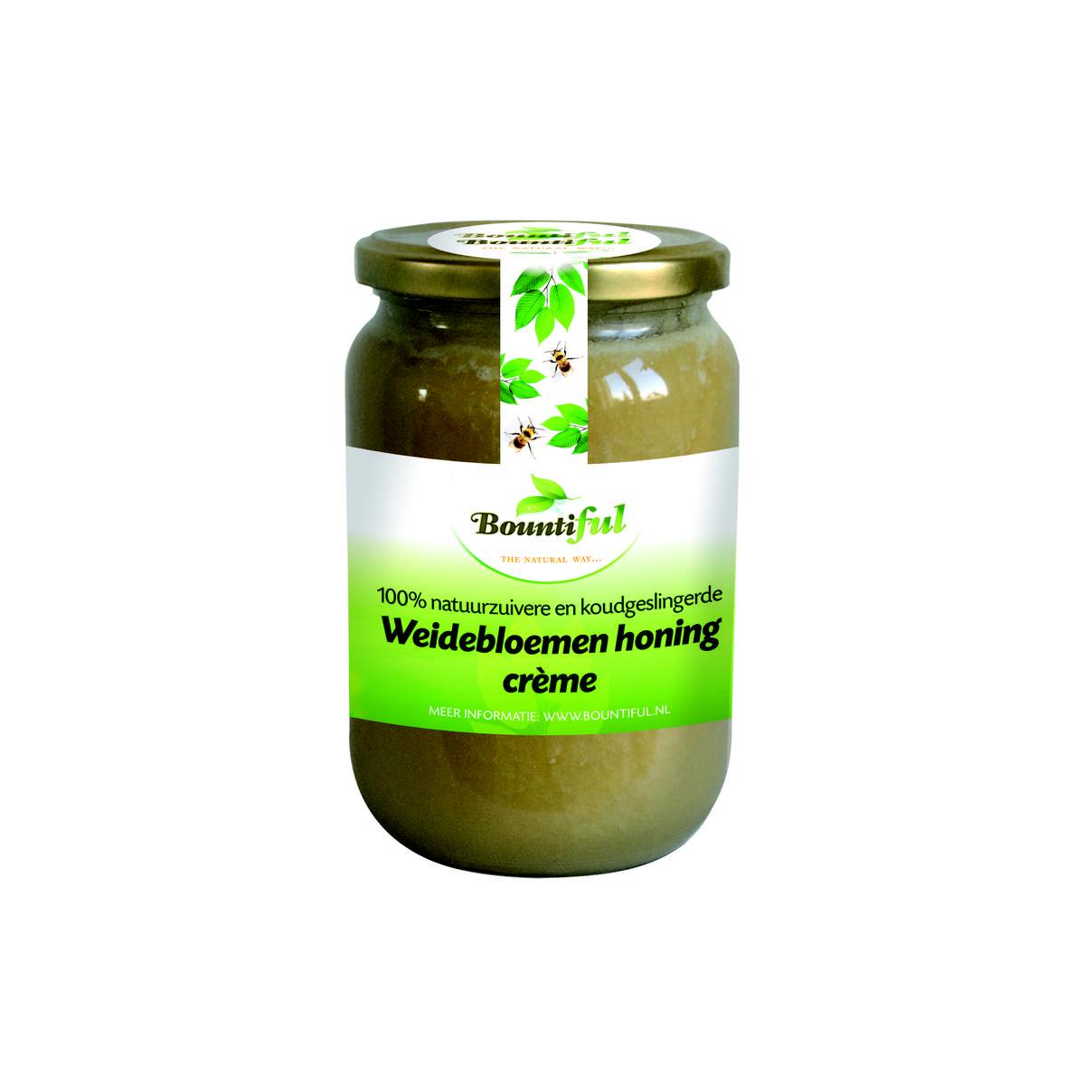 Bountiful Weidebloemen honing crème in a 900g jar, featuring natural honey with a golden color and smooth texture.