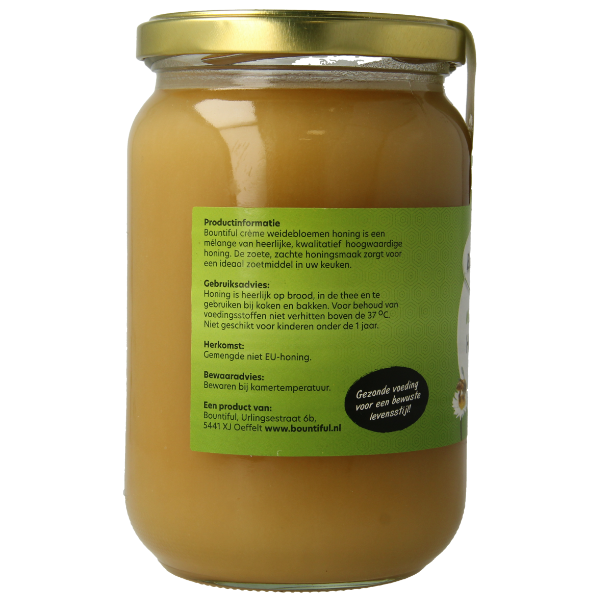 Bountiful Weidebloemen honing crème jar with gold lid, showcasing creamy honey product in a clear container