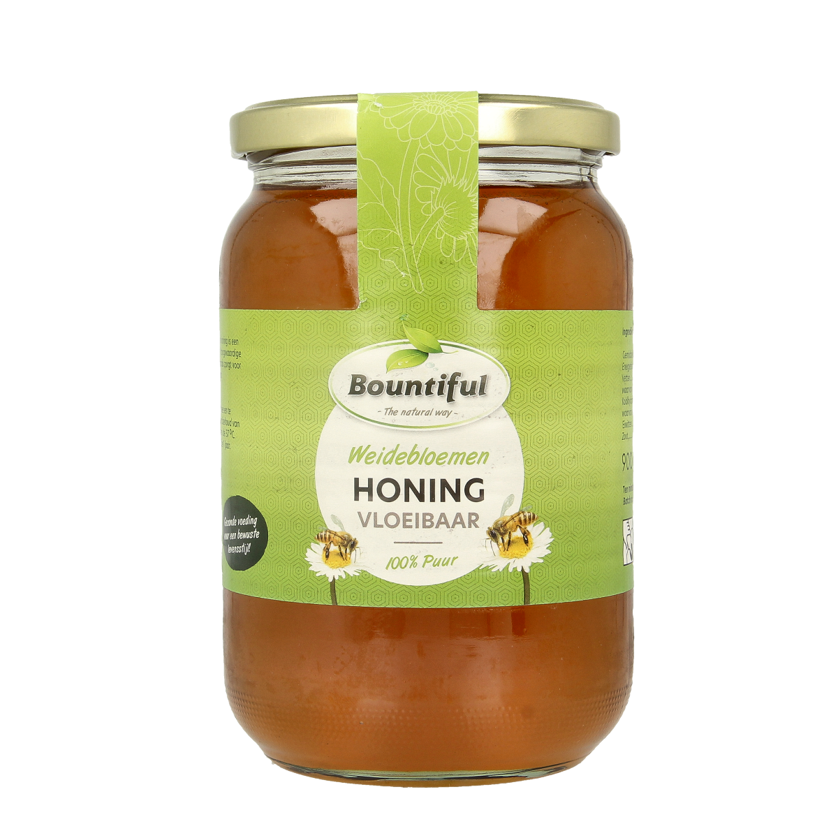 Bountiful Weidebloemen honing in a 900g jar, showcasing golden liquid honey from flower meadows, produced by Bountiful.