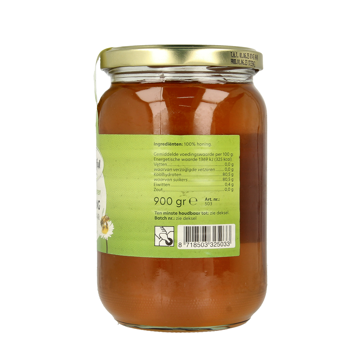 Bountiful Weidebloemen honing in a 900g jar, showcasing golden, flowing honey from flower nectar on a natural background.