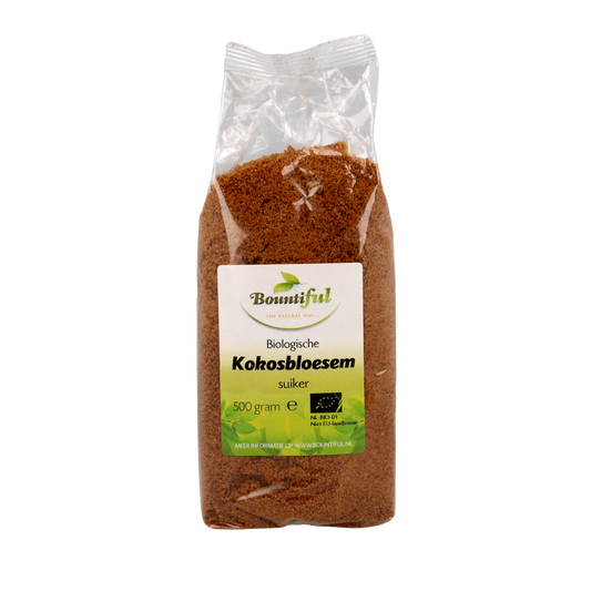 Bountiful organic coconut blossom sugar in a 500g package, natural sweetener from coconut flowers, product image with label visible.