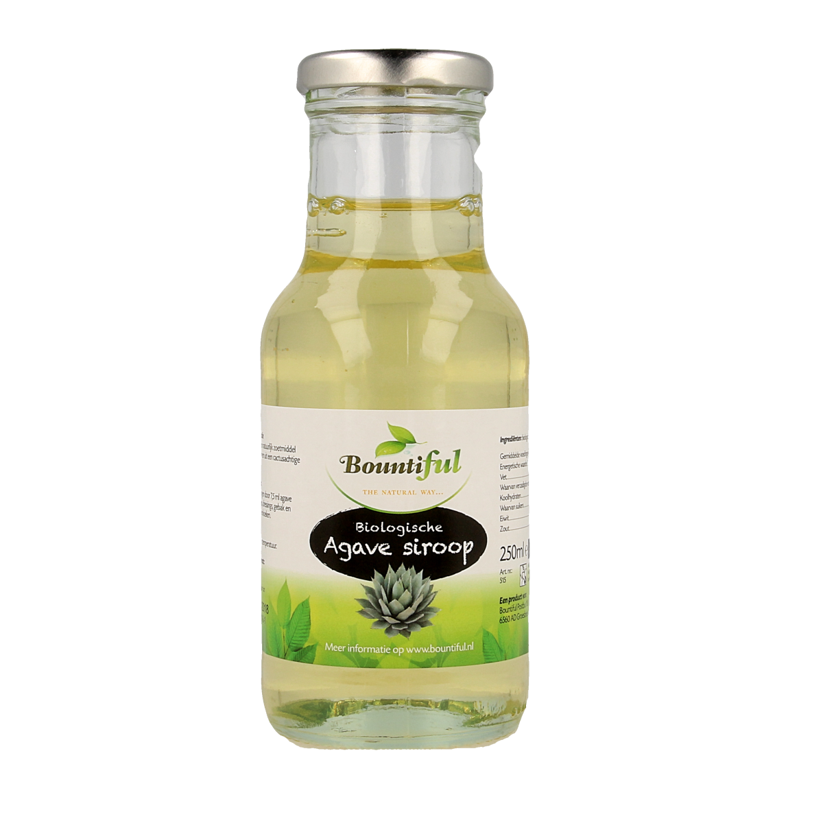 Bountiful organic agave syrup bottle, 250ml, natural sweetener from Bountiful, with a clear label and seal.
