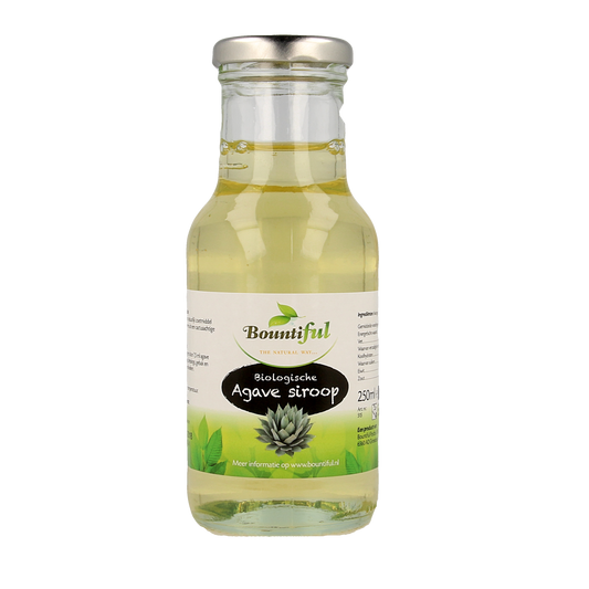 Bountiful organic agave syrup bottle, 250ml, natural sweetener from Bountiful, with a clear label and seal.