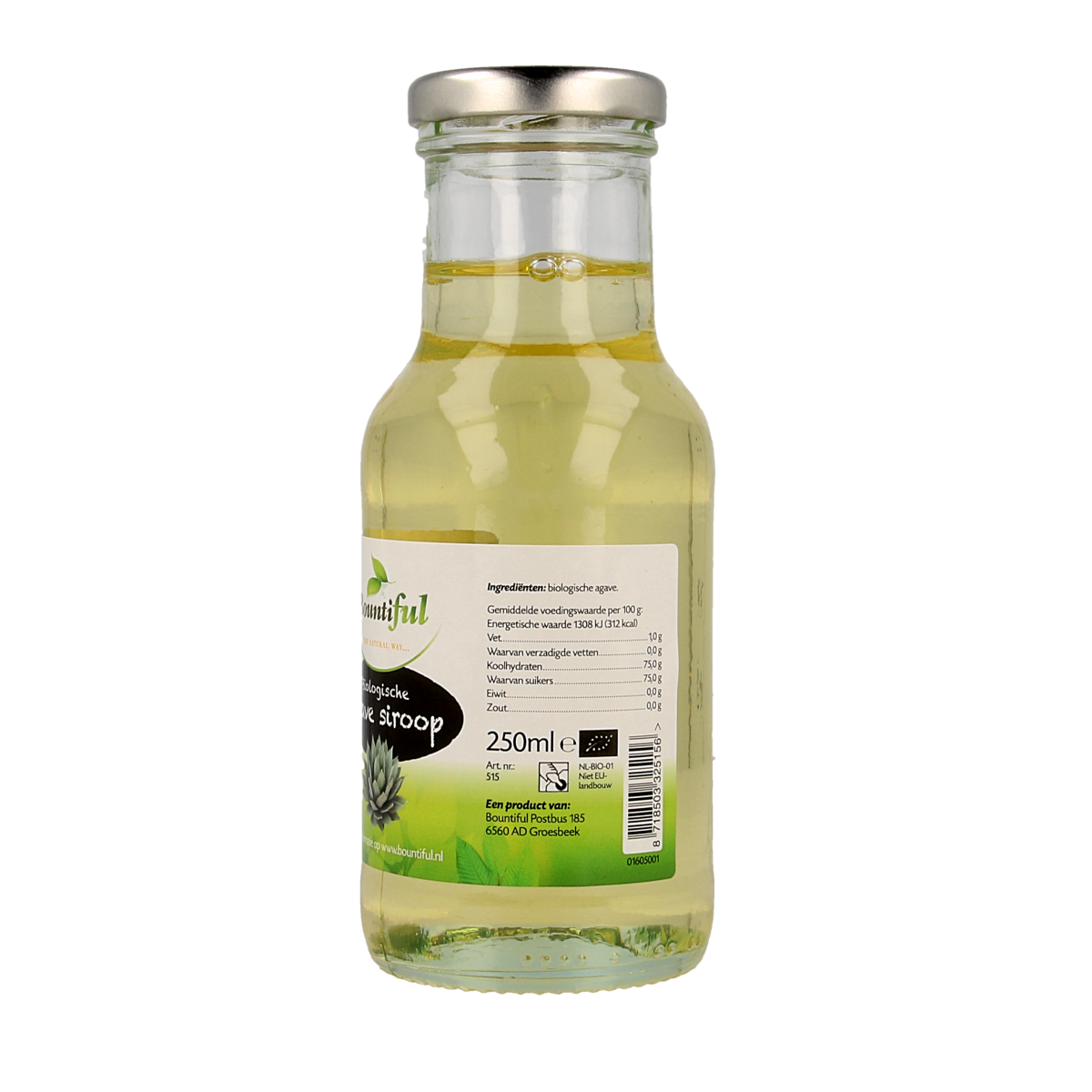 Bountiful organic agave syrup in a 250ml bottle, natural sweetener from Bountiful, with a clear label and golden syrup inside.