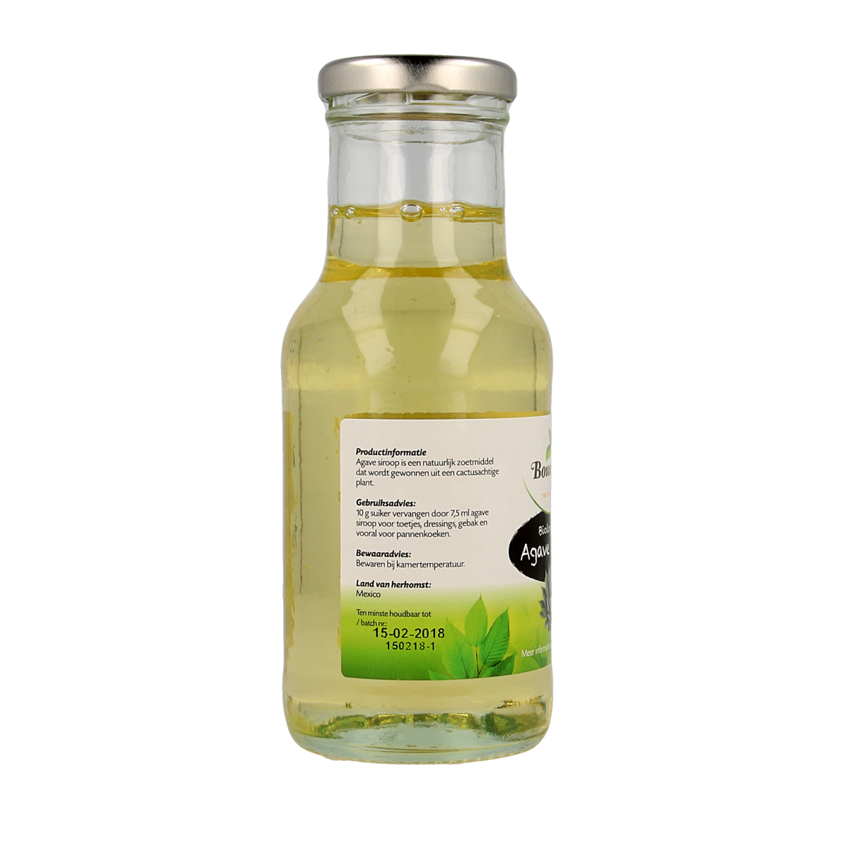 Bountiful organic agave syrup bottle, 250ml, in clear plastic with label, used as natural sweetener in cooking and beverages.