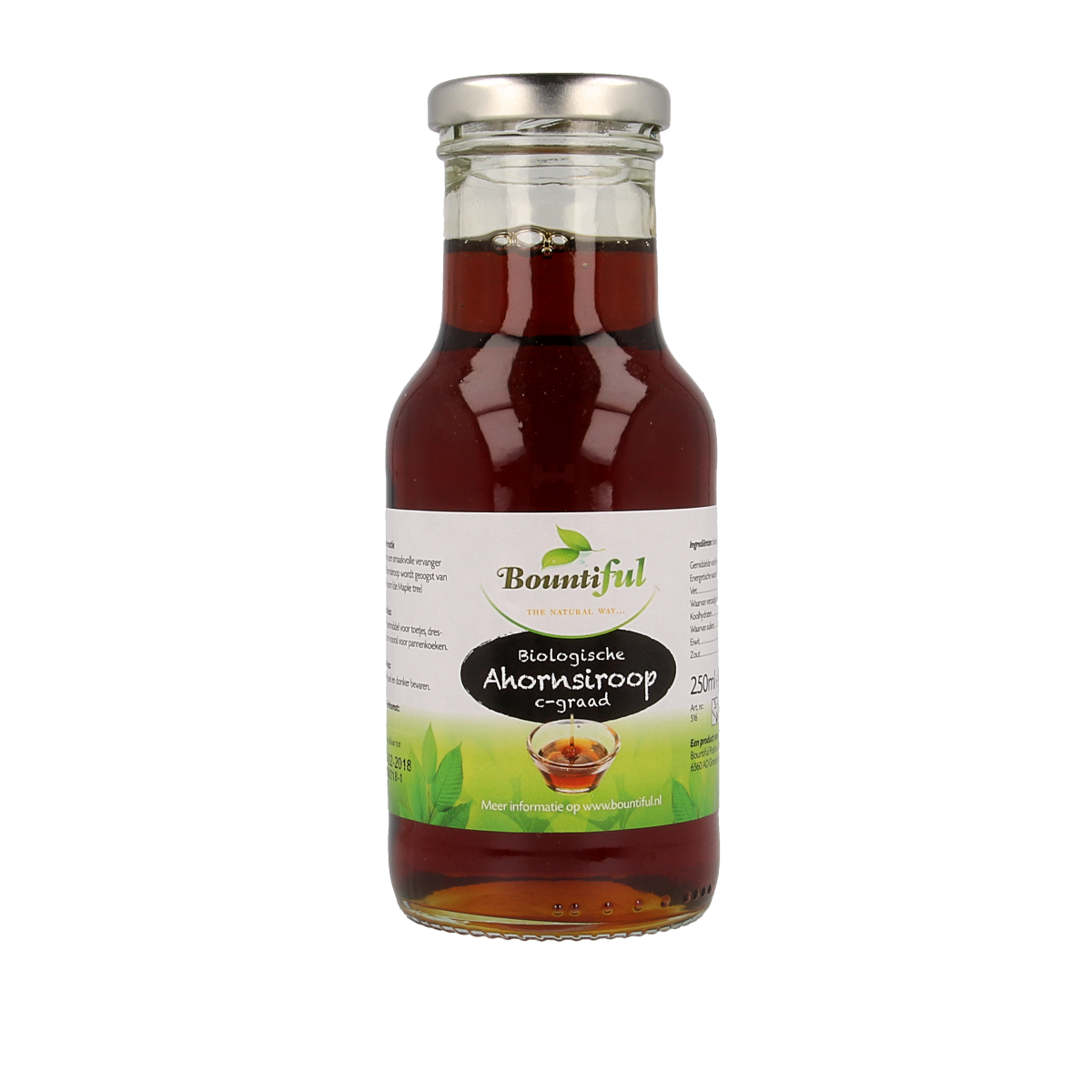 Bountiful organic maple syrup in a 250ml bottle, golden amber color, with a natural sweetness profile, suitable for baking and topping