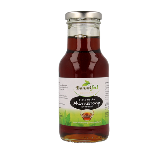 Bountiful organic maple syrup in a 250ml bottle, golden amber color, with a natural sweetness profile, suitable for baking and topping