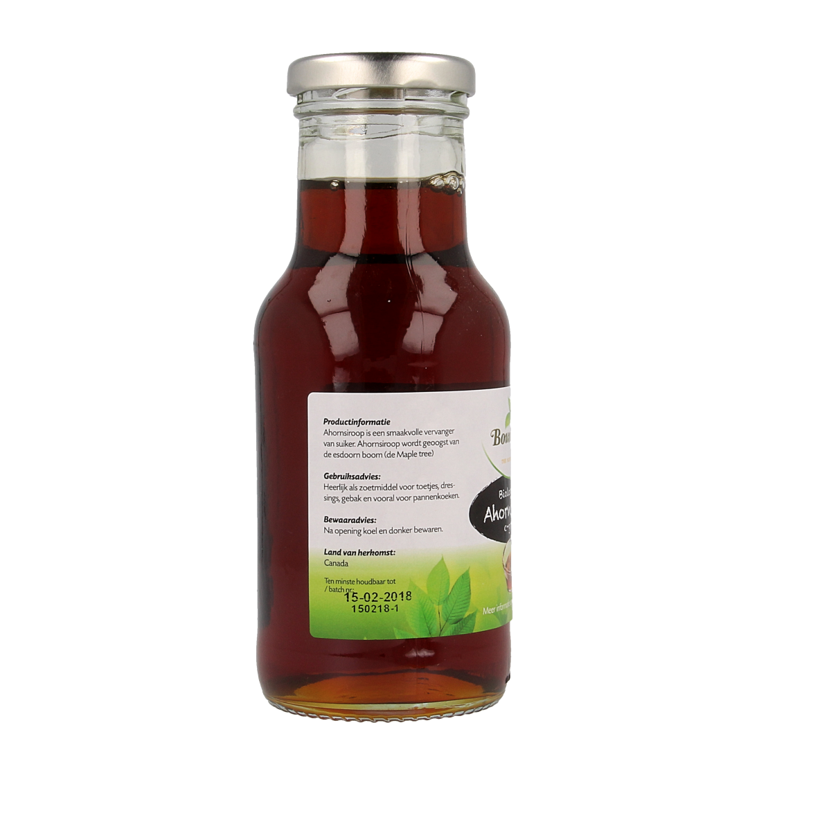 Bountiful organic maple syrup in a 250ml bottle, sweet syrup for pancakes and desserts, with natural amber color and label.