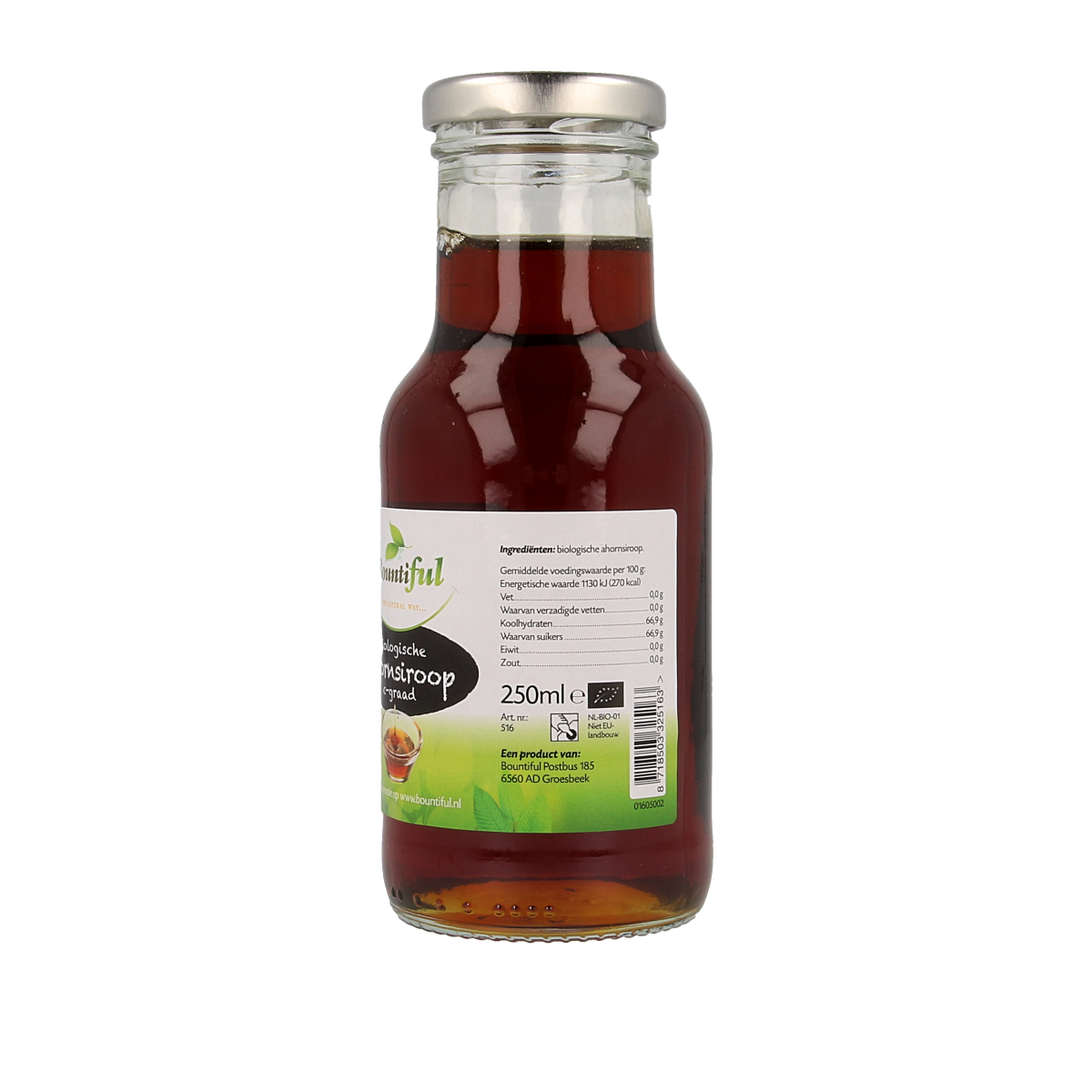 Bountiful organic maple syrup in a 250ml bottle, sweetener and sugar alternative with rich amber color and natural maple flavor.