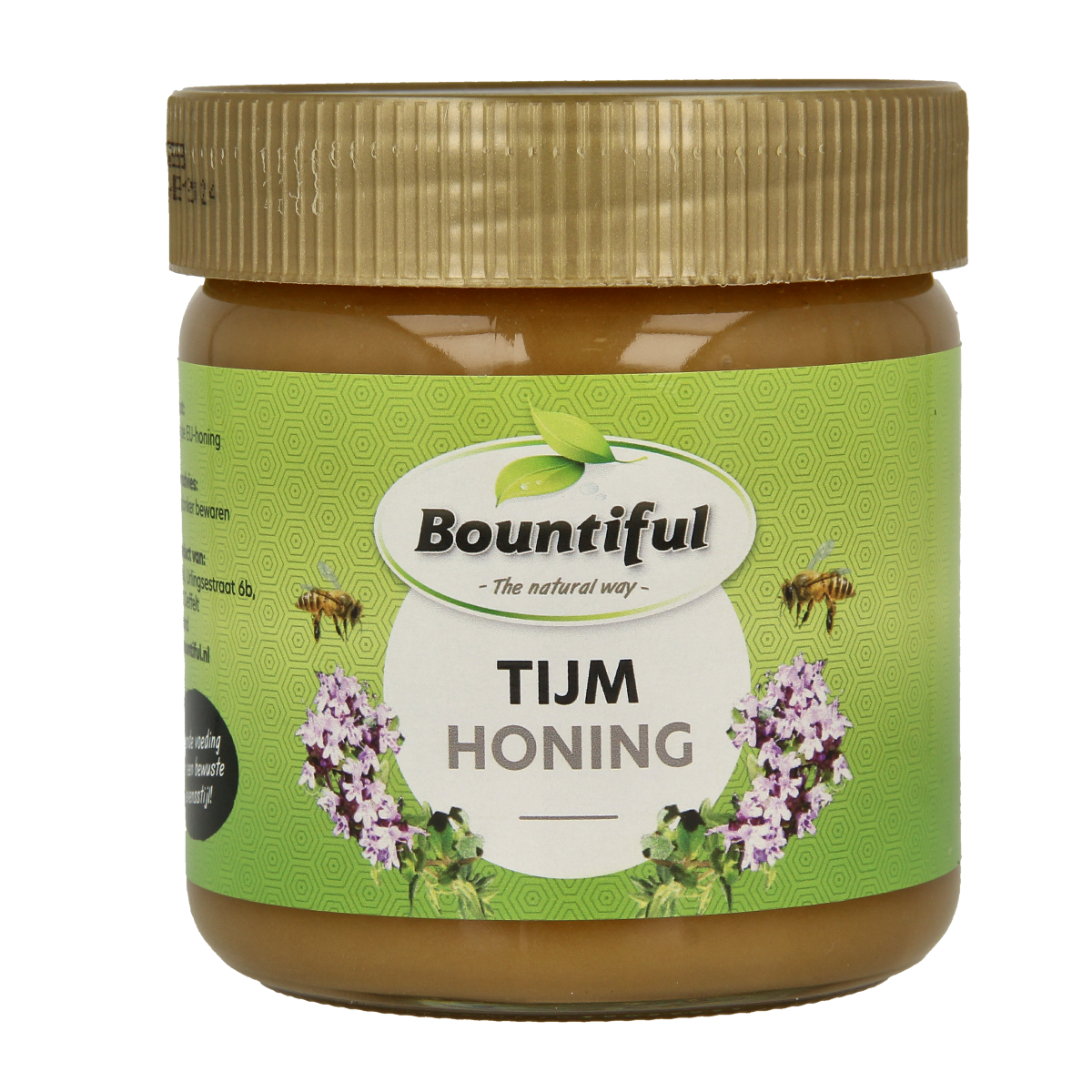 Bountiful Tijm honing in a 500g jar, featuring fresh herbs with vibrant green leaves and a clear label displaying the brand.