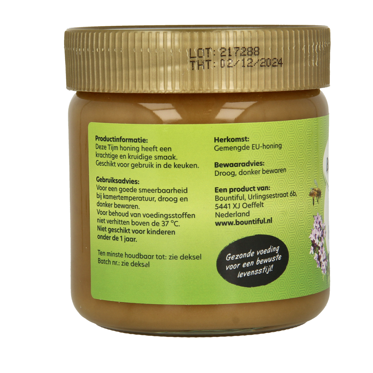 Bountiful Tijm honing in a 500g package, featuring fresh, aromatic thyme herbs in a clear container.