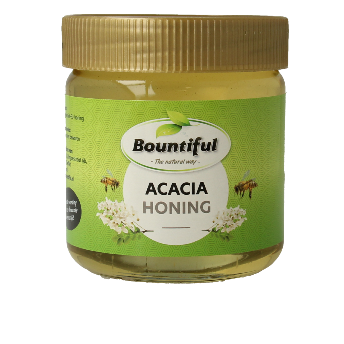 Bountiful Bountiful Acacia honing 500g jar showing golden honey with a wooden honey dipper and acacia flowers in the background.
