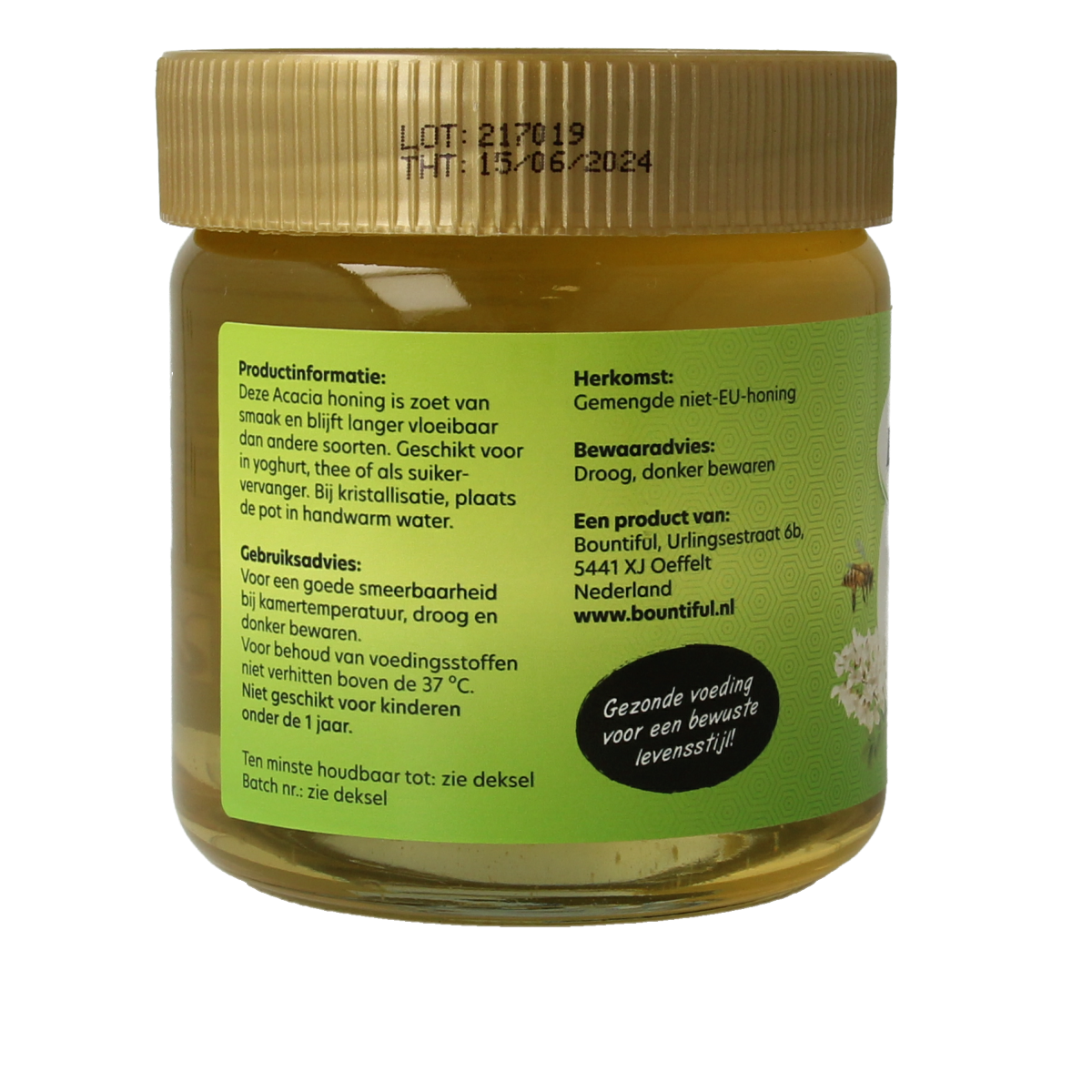 Bountiful Acacia honing jar, 500g, natural honey with golden color and smooth texture, ideal for sweetening and cooking.