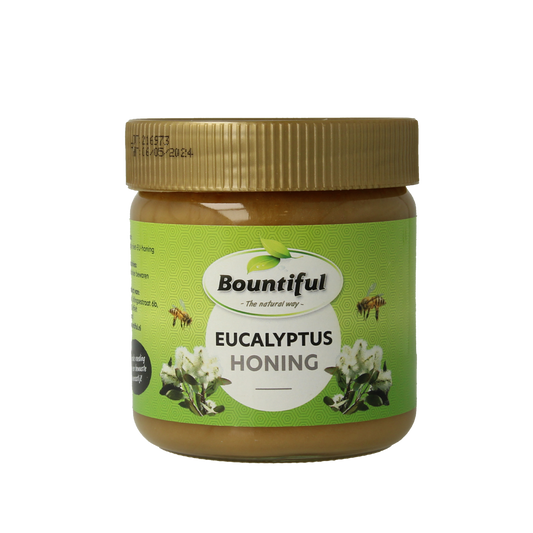 Bountiful Eucalyptus Honing 500g jar showcasing the natural honey with eucalyptus flavor in a clear glass jar.